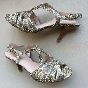 Stuart Weitzman Overture Cream & Black  Snakeskin Print Strappy Sandal Women 6.5